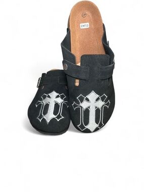 Embroidered Leather Cross Clogs, Punk Style Cowhide Mules - Brand New w/Box